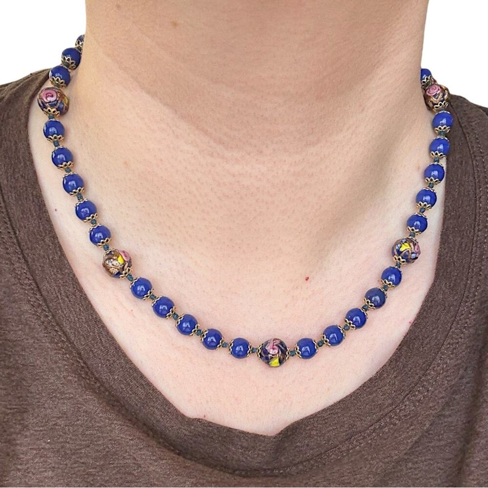 1950s Venetian Wedding Cake Glass Necklace Cobalt Blue Glass Handmade Beads